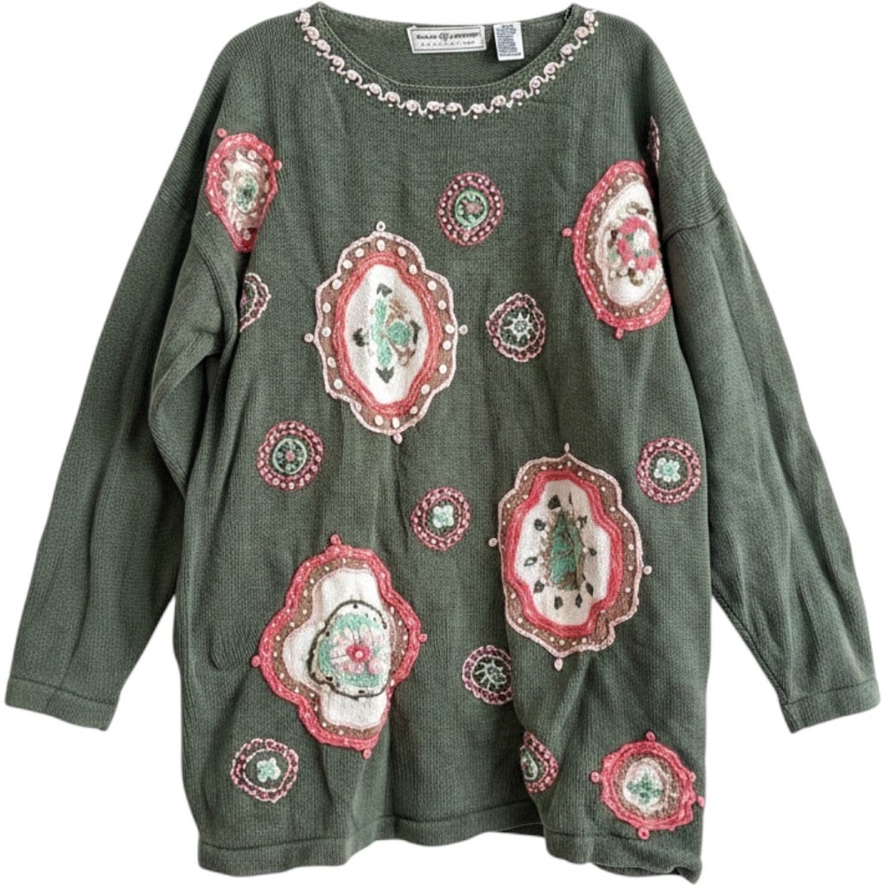Maggie Lawrence Sweater Womens 18 20 Green Good Embroidered Pearl Vintage 90s
